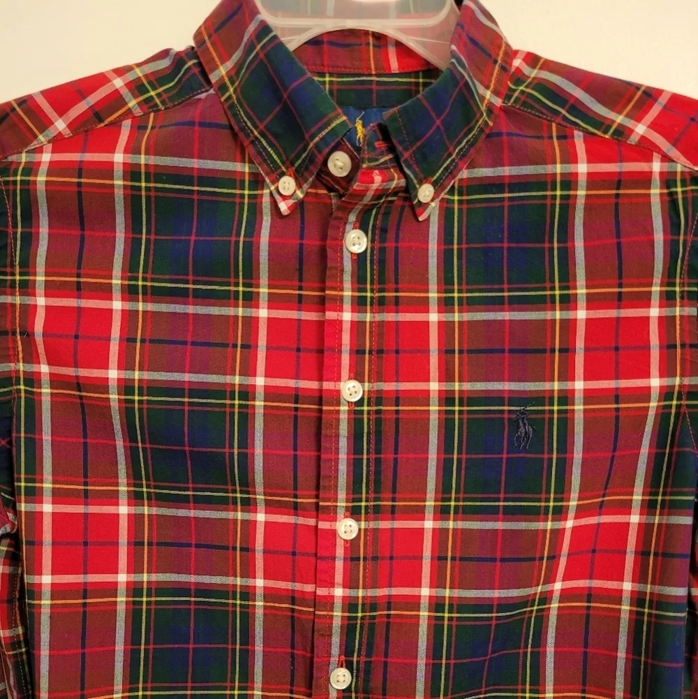 RALPH LAUREN Boys Medium 10/12 classic red plaid button-down long sleeve shirt